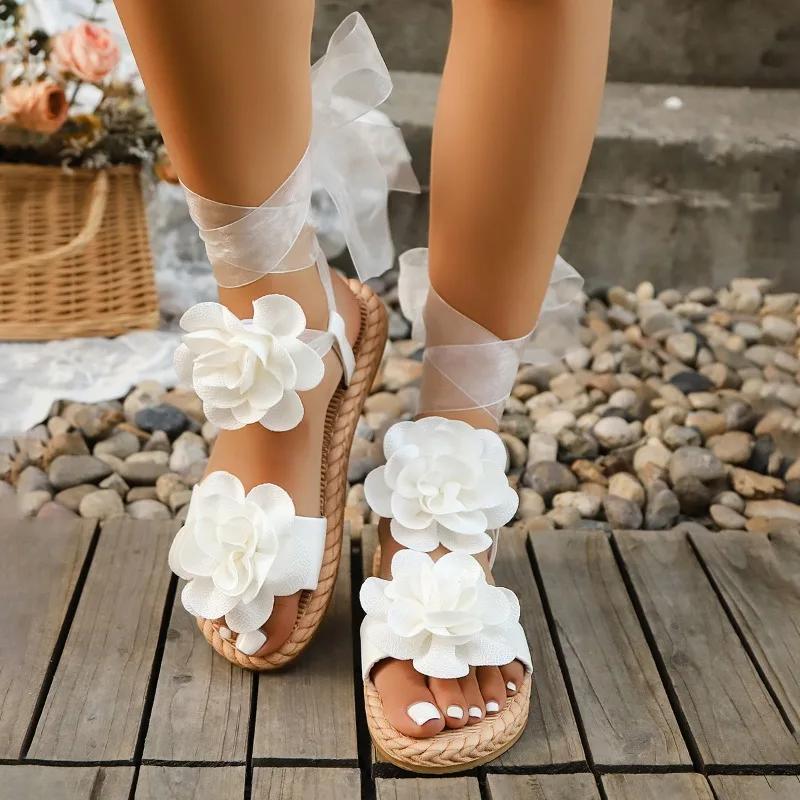 Lace Up Women's Sandals 2025 New Beach Casual Sandals Women Outdoor Flower Shoes Ladies Summer Lightweight Flat Sandals