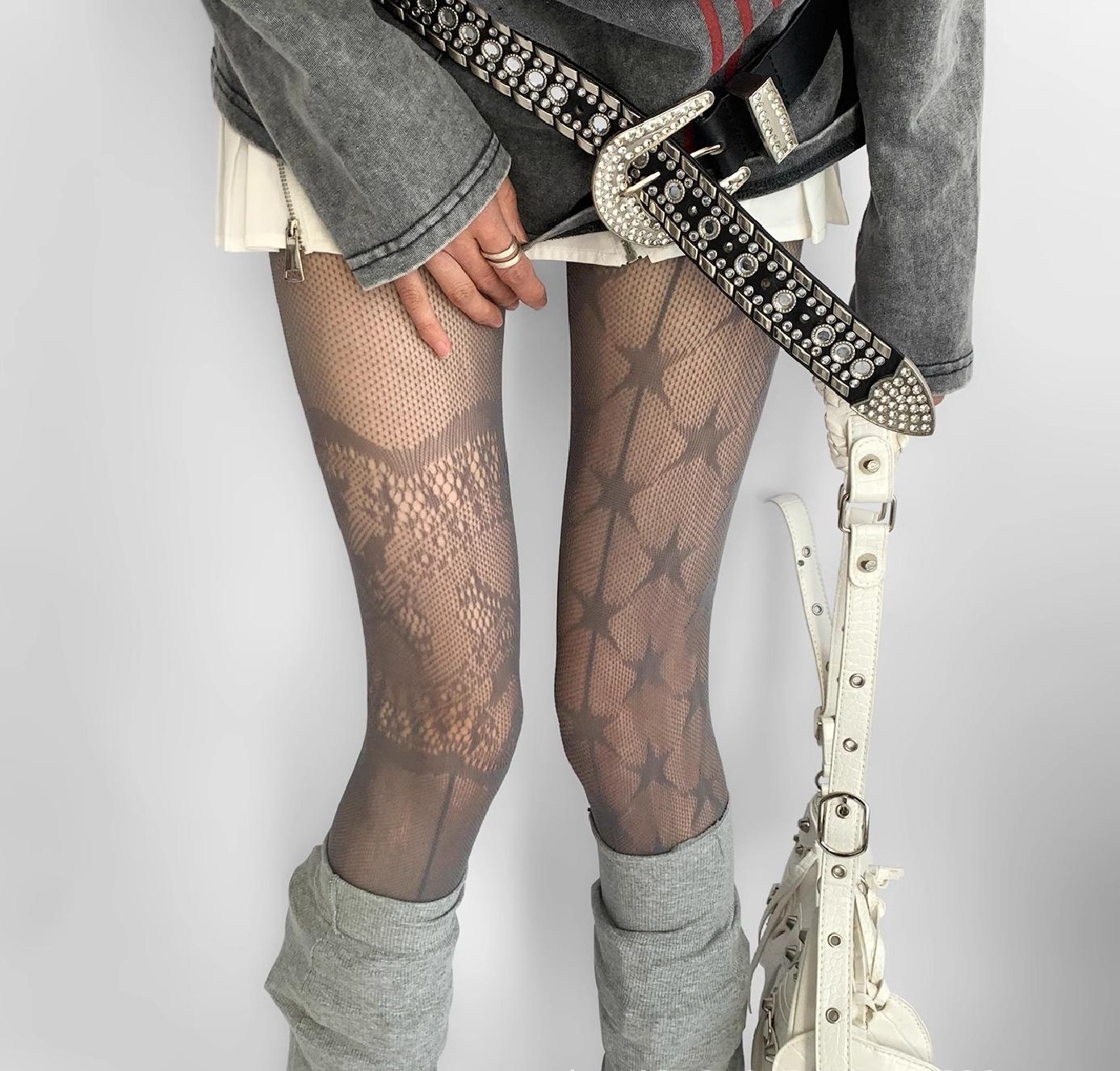 Women Sexy Lace Fishnet Stockings Lolita Hollow Out Solid Pantyhose 1Pair Five-Pointed Star Lace Hollowed Out Lace Mesh Tights # One Size