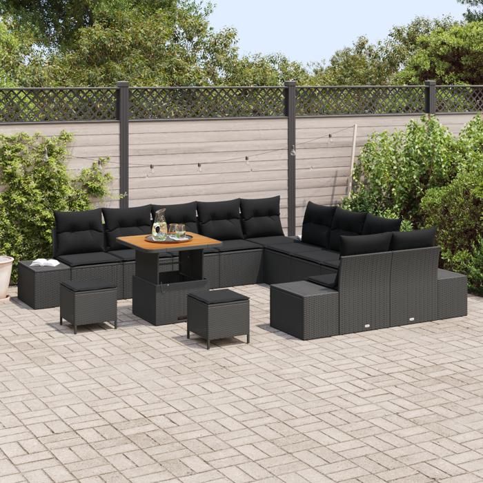Ensemble de Canapés de Jardin vidaXL 13 pièces avec coussins noir poly rattan acacia, Canapé de Jardin 2 Places vidaXL 3362839
