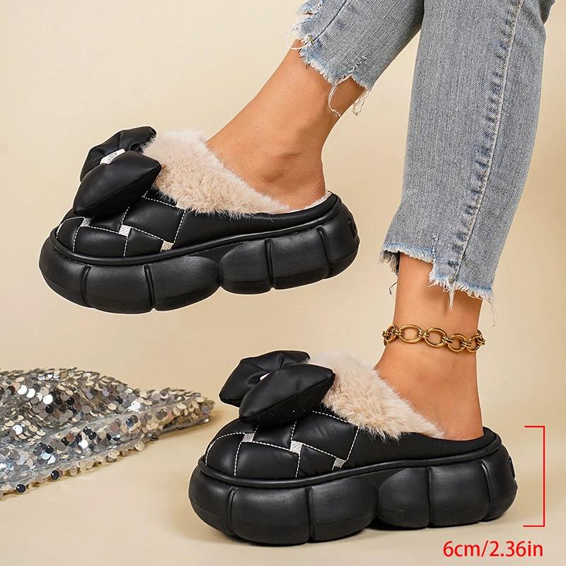 Fashion Lovely Bowtie House Slippers Women Fluffy Fur Thicken Plush Cotton Slippers Winter Soft Thick Sole Chunky Platform Indoor Slides