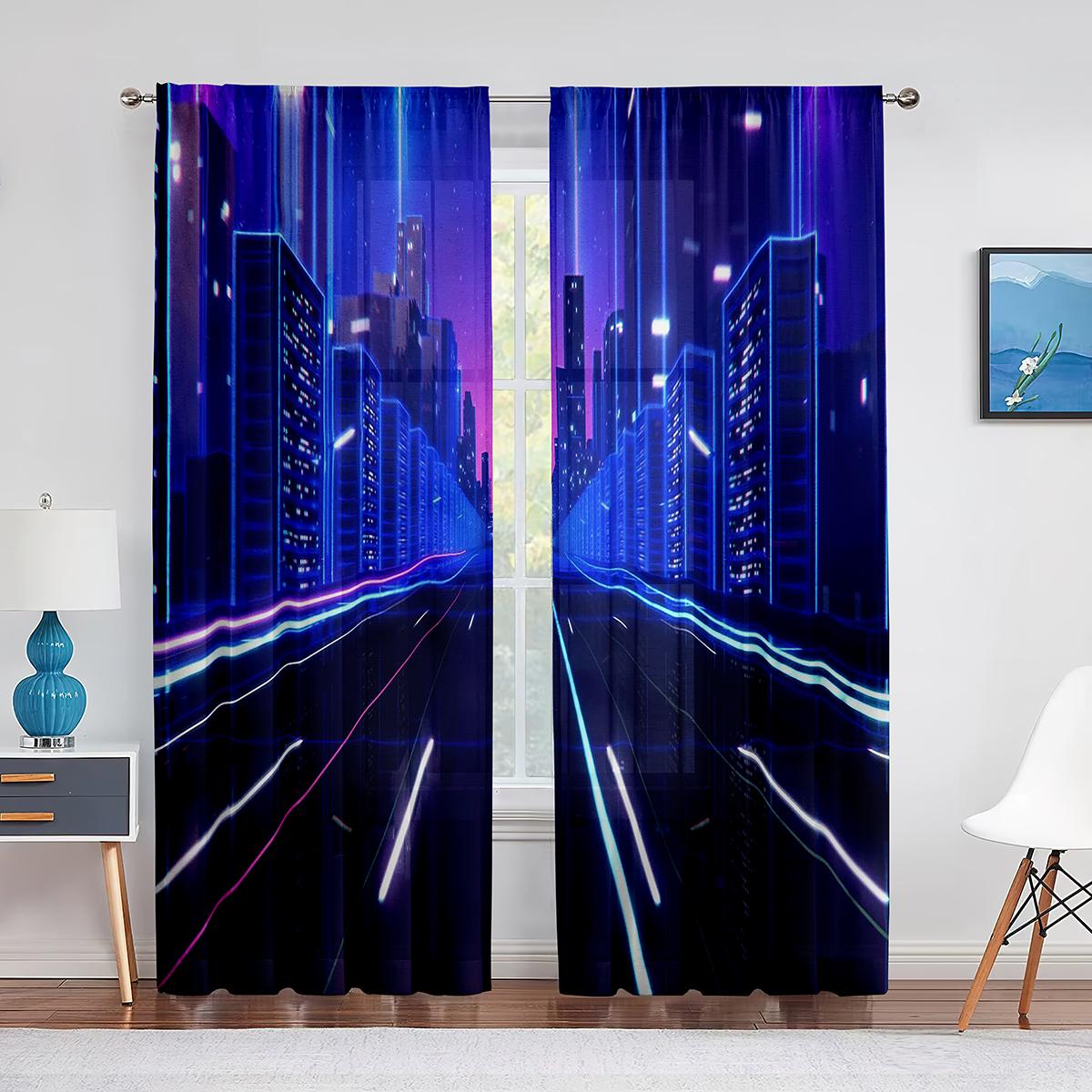 Ночной городской пейзаж Фиолетовый неоновый прозрачный занавес для гостиной Спальня Вуаль — фото 14