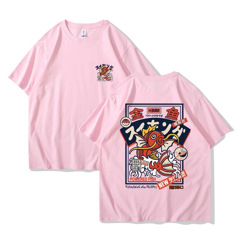 Unisex Red Koi Print Short Sleeved Round Neck Tshirt Japanese Style Harajuku Hip-hop Streetwear Shirt Summer Women Shirt