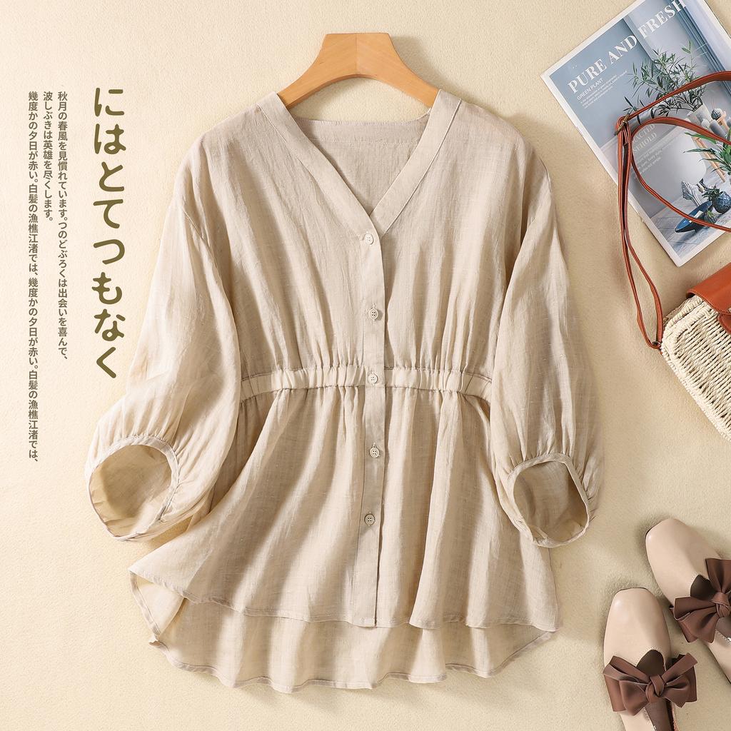 Cotton Linen Bat Shirt Female Large Size Spring and Summer Chic and Elegant Waist V-neck Seven-point Lantern Sleeve Shirt