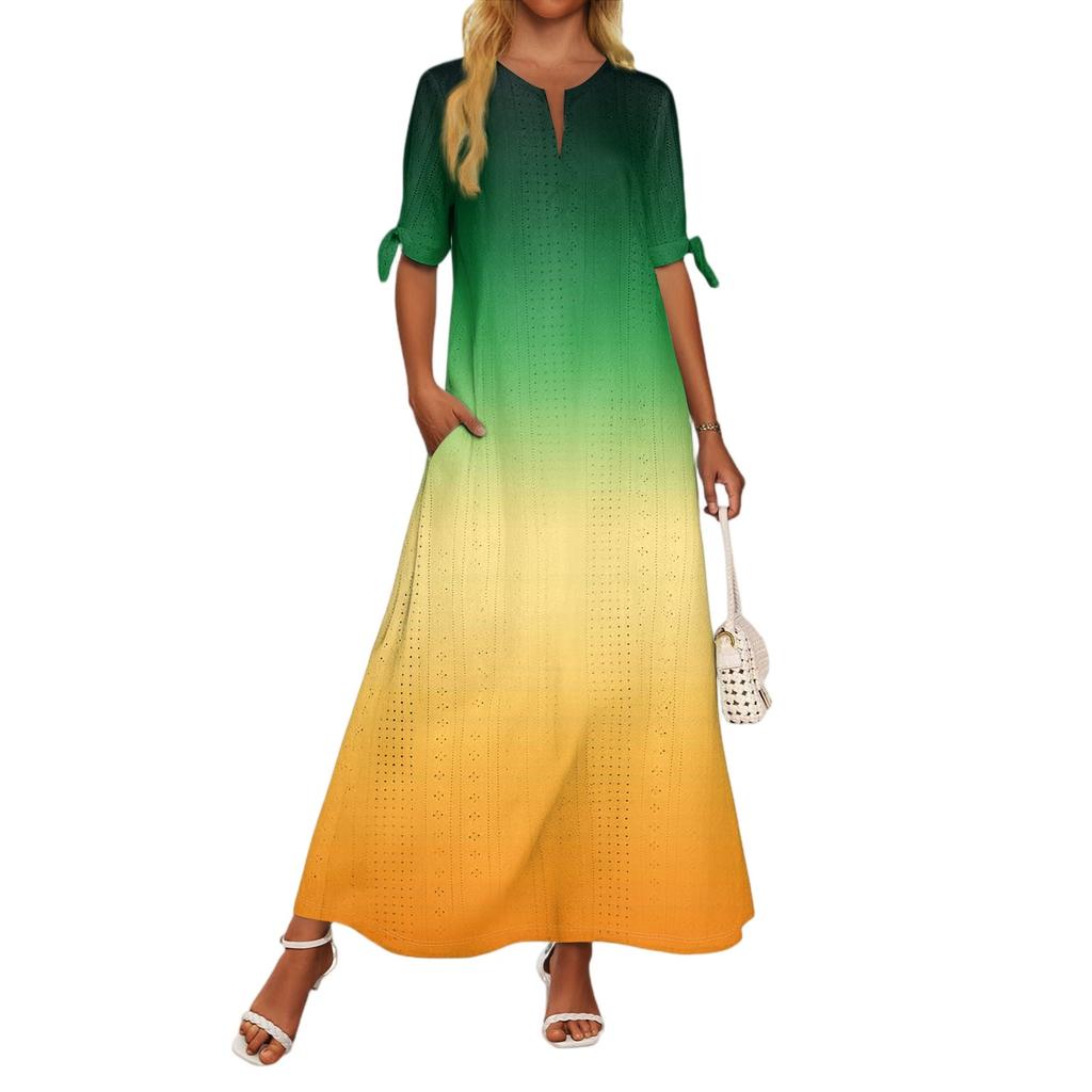 Ladies Casual Fashion Temperament Elegant Waist Gradient Color Print Long Dress