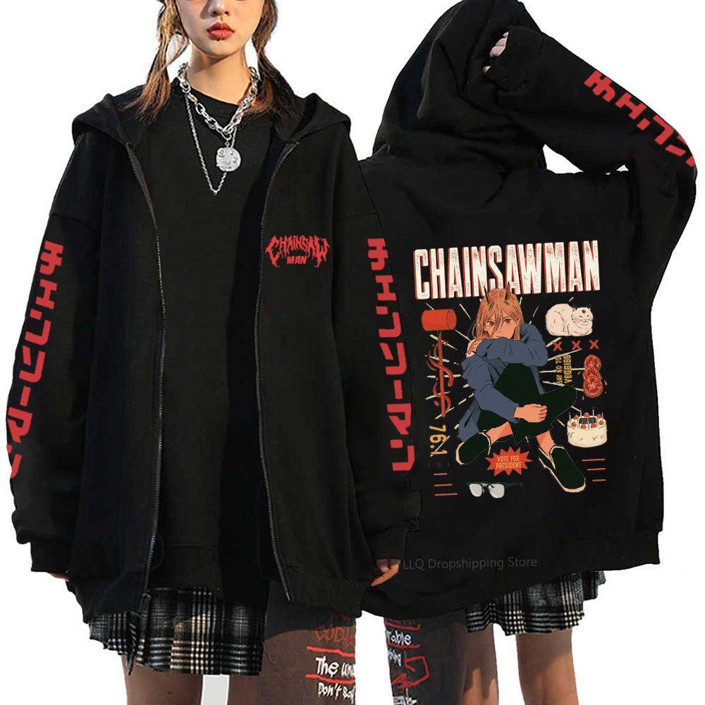 Anime Chainsaw Man Makima Cool Print Hooded Men Women Hot Manga Zip Up Hoodies Plus Size Sweatshirt Harajuku Male Zipper Jacket