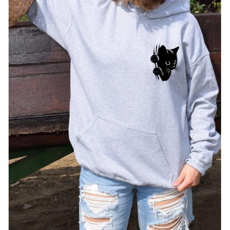 Womens Hooded Long Sleeve Sweatshirt With Cat Print - Casual Streetwear Top In Multiple Colors