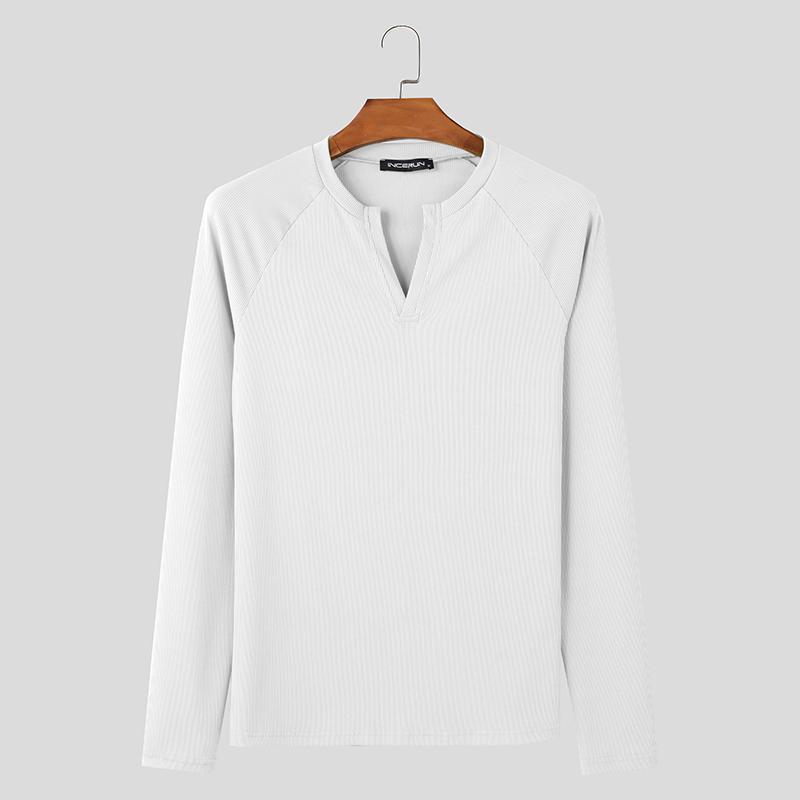 

INCERUN Мужские топы с V-образным вырезом и длинным рукавом, рубчик, повседневные облегающие футболки, майки L белый