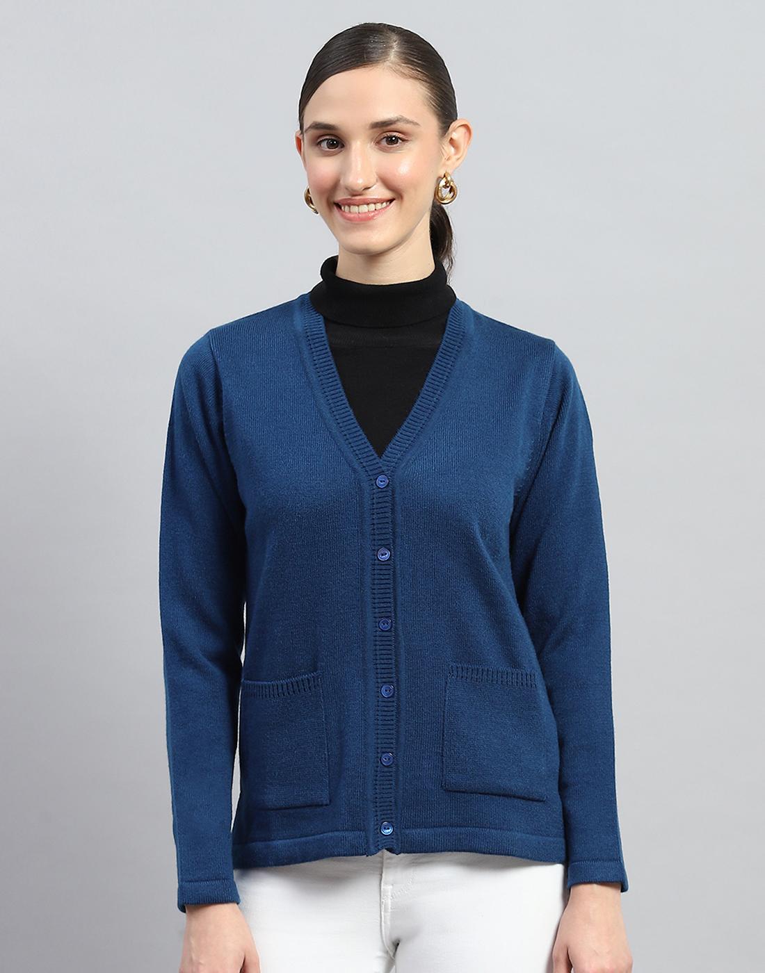 

Monte Carlo Womens Blue Solid V Neck Full Sleeves Cardigan M