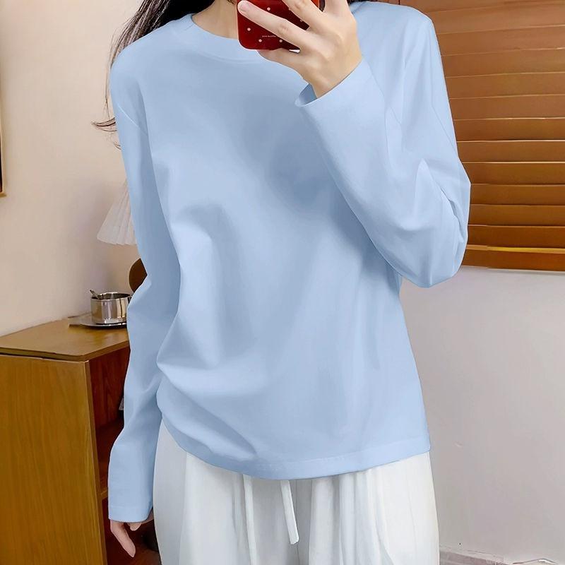 Cotton Round Neck Long Sleeve T-shirt Womens Autumn Fashion Basic White Top Loose Fit Casual Tee
