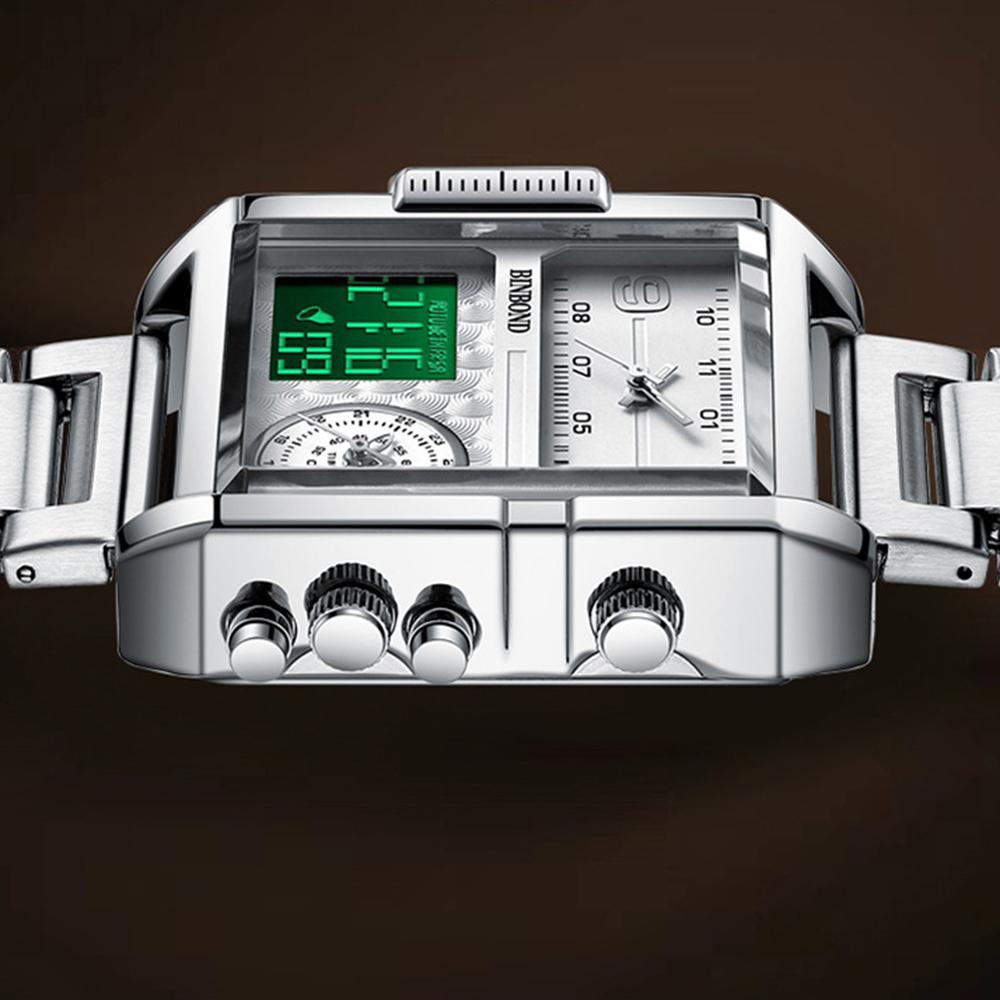 BINBOND Fashion Square Big Dial Wristwatch Three Display Quartz Watch for Men Multifunctional Sports Clock Male Wristwatch