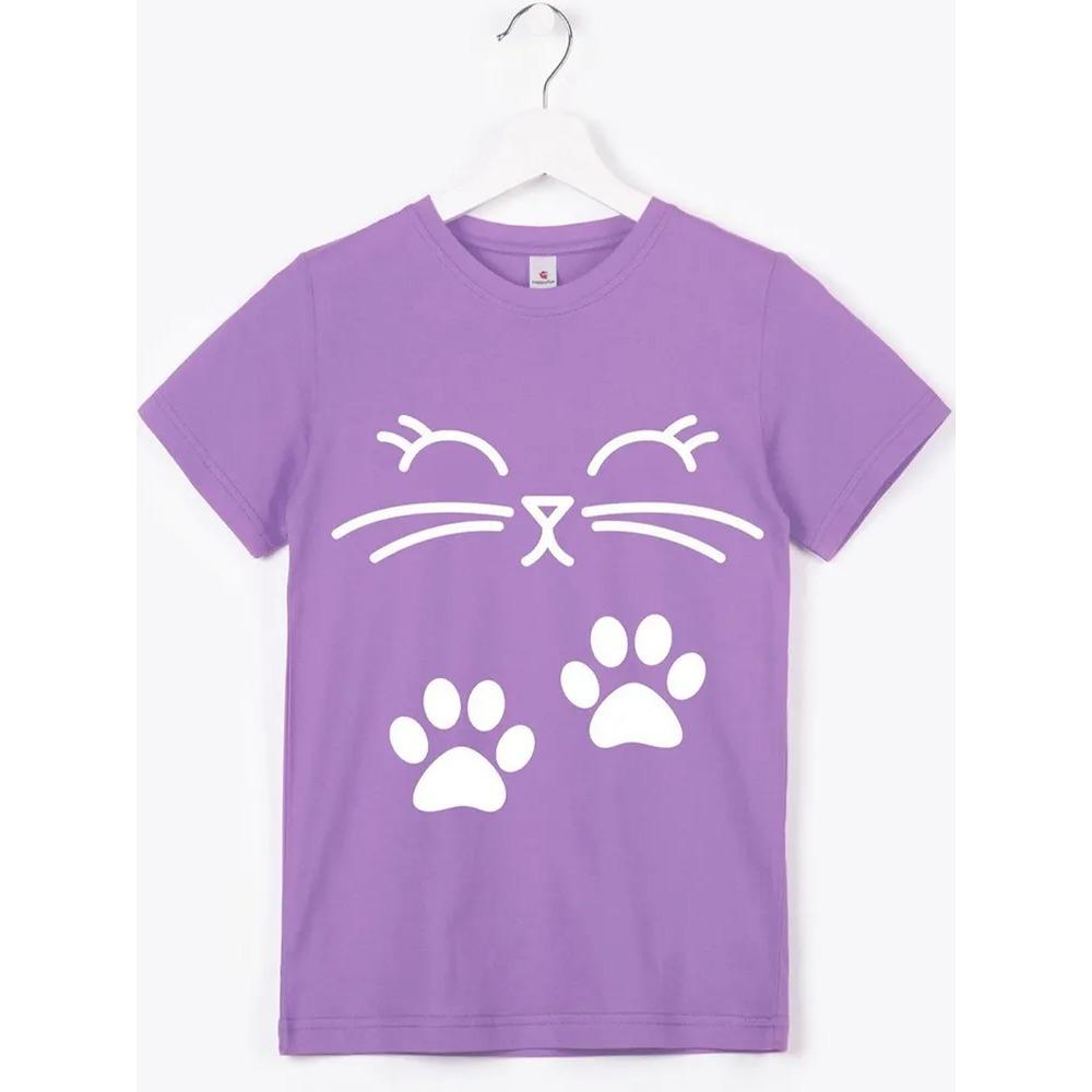 

Summer girls round neck short-sleeved fashionable cat scratch print purple T-shirt, trendy children s clothing 100