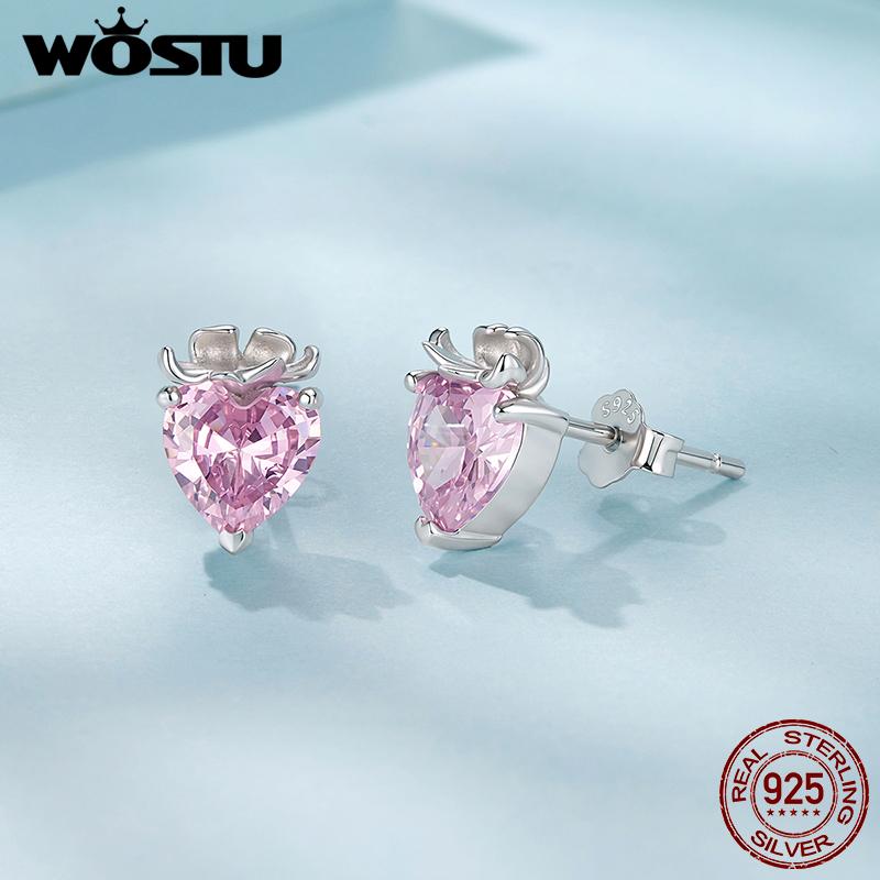 WOSTU 925 Sterling Silver Strawberry Heart Pink Zircon Stud Earrings For Girl Daily Wear Ear Studs Lovely Jewlery Birthday Gift