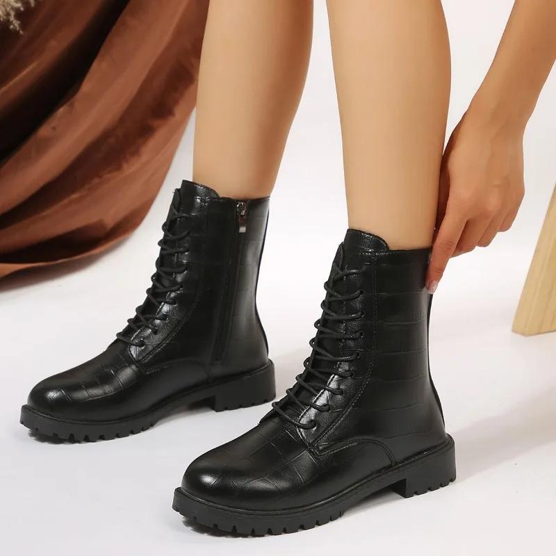 Fashion 2024 Female Shoes on Sale Ankle Women's Boots Classics Modern Boots Women Lace Up Side Zipper Round Toe Low Heel PU Shoes Ladies