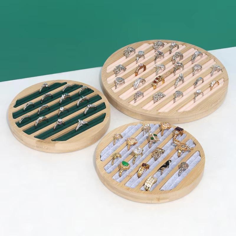 Bamboo Wood 6 Slots Round Ring Earrings Trays Showcase Display Jewelry Organizer