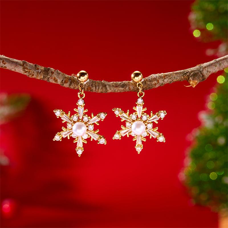 Christmas Rhinestone Snowflake Drop Earrings for Women Fashion Imitation Pearl Stud Earring Girls New Year Party Jewelry Gifts