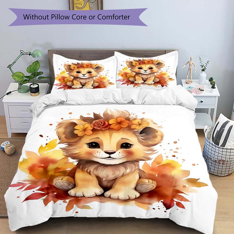 

3pcs Lovely Little Lion Print Cover Set Ultra Soft, Breathable, and Comfortable Bedding with Stylish Design for Bedroom and Guest Room Decor 1 Co 135x200cm