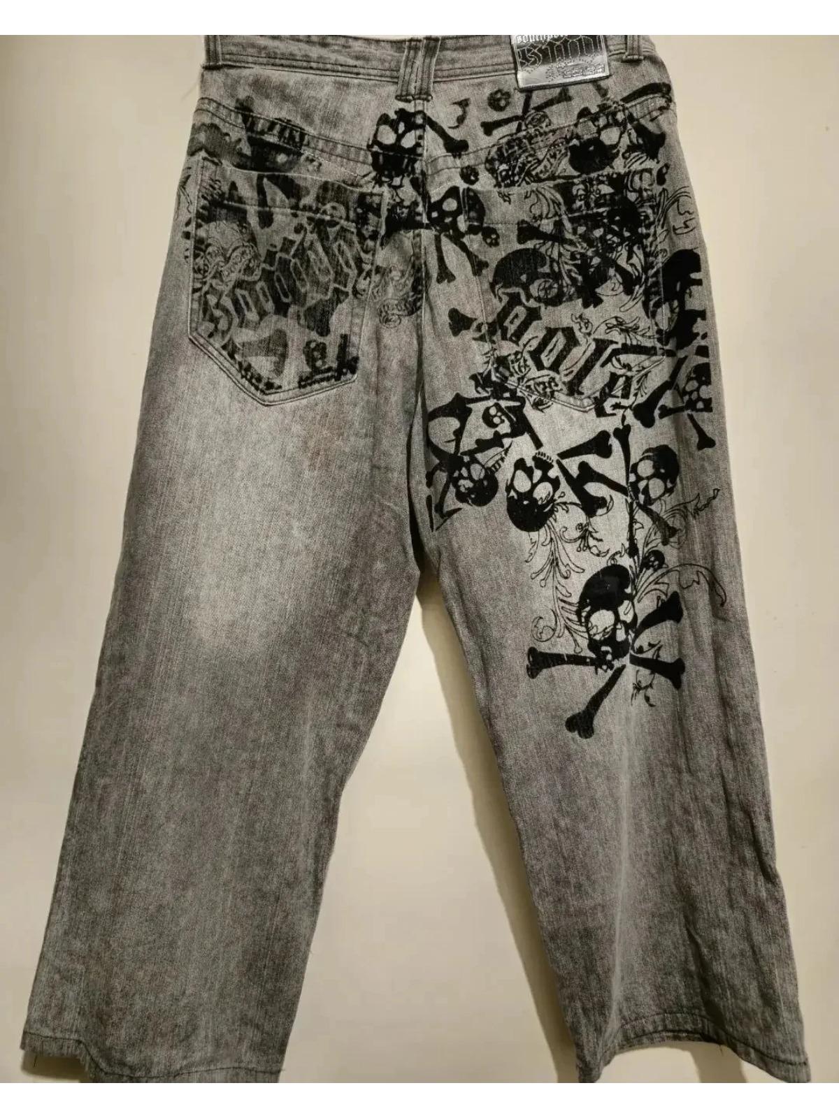 

Американские джинсы Harajuku Vintage Print Y2K женские стираные серые прямые брюки уличные готические свободные брюки унисекс Tide M