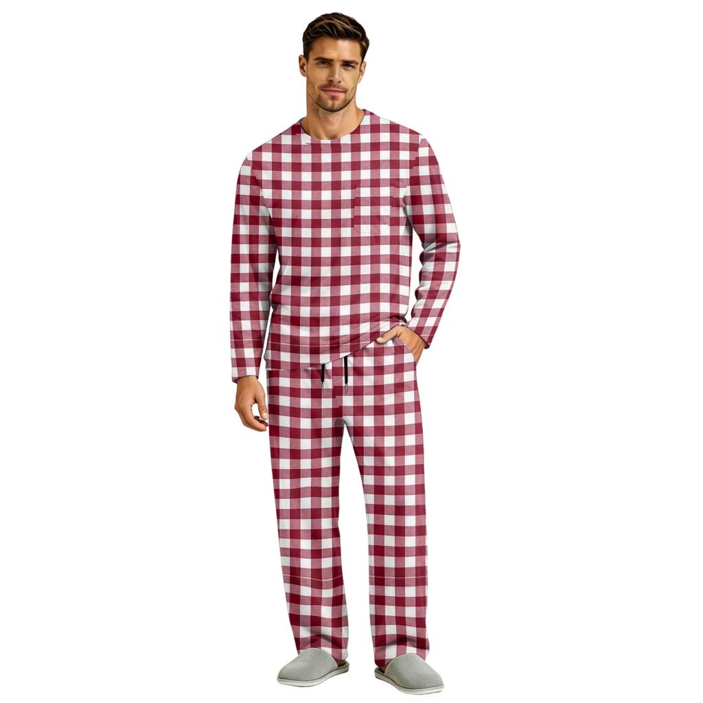 Men's Pajama Set Long Sleeve Top and Long Pants with Button Crotch and Elastic Drawstring Waist for Home Loungewear