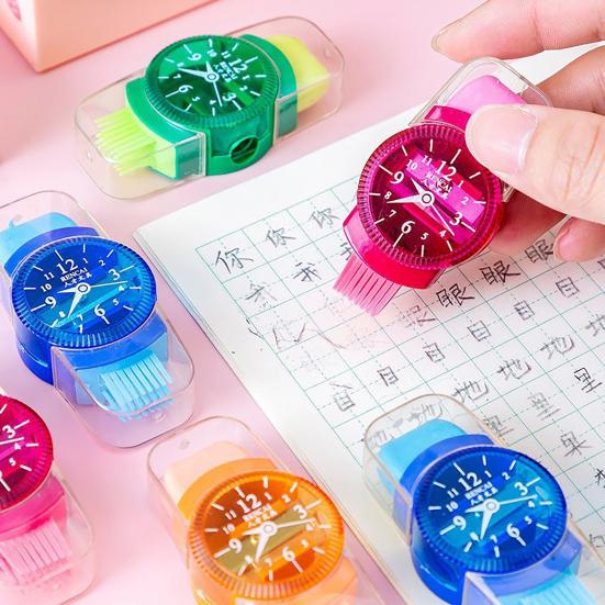 6Pcs Student Pencil Sharpener 3 In 1 Watch Shape Random Colors Pencil Cutter with Reel Eraser Brush