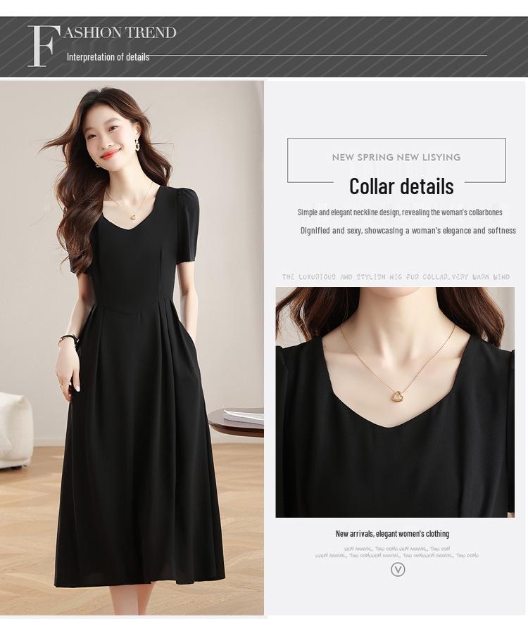 Hepburn-Inspired Women's U-Neck A-Line Summer Dress, Short-Sleeve, Slimming, Waist-Cinching, Long Style