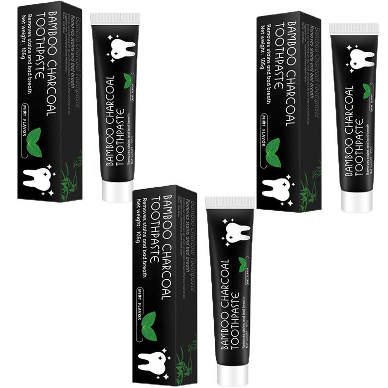 

105 г бамбуковый уголь, черная зубная паста, глубокая очистка, вкус мяты, отбеливание зубов, неприятный запах изо рта, уход за пятнами, красота, здоровье, Maquiagem 3pcs