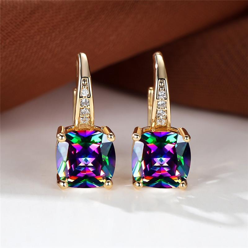 Blue Zircon Square Stone Luxury Crystal Rainbow Hoop Earrings Boho Gold Color Engagement Wedding For Women