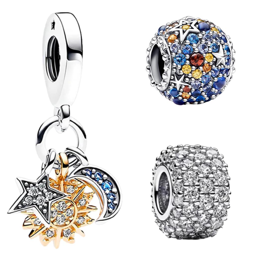 925 Silver Charms Colorful Sun Moon Stars Dangle Charm Fit Pendant Bracelets Necklace Women DIY Fine Jewelry