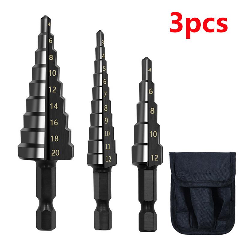 3pcs 3-12mm 4-12mm 4-20mm HSS Straight Groove Step Drill Bit Set Titanium Coated Wood Metal Hole Cutter Core Drill Bit Set
