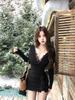 Spicy Girl V-Neck Lace Patchwork Knit Dress with Ruffles - Black (Autumn/Winter)