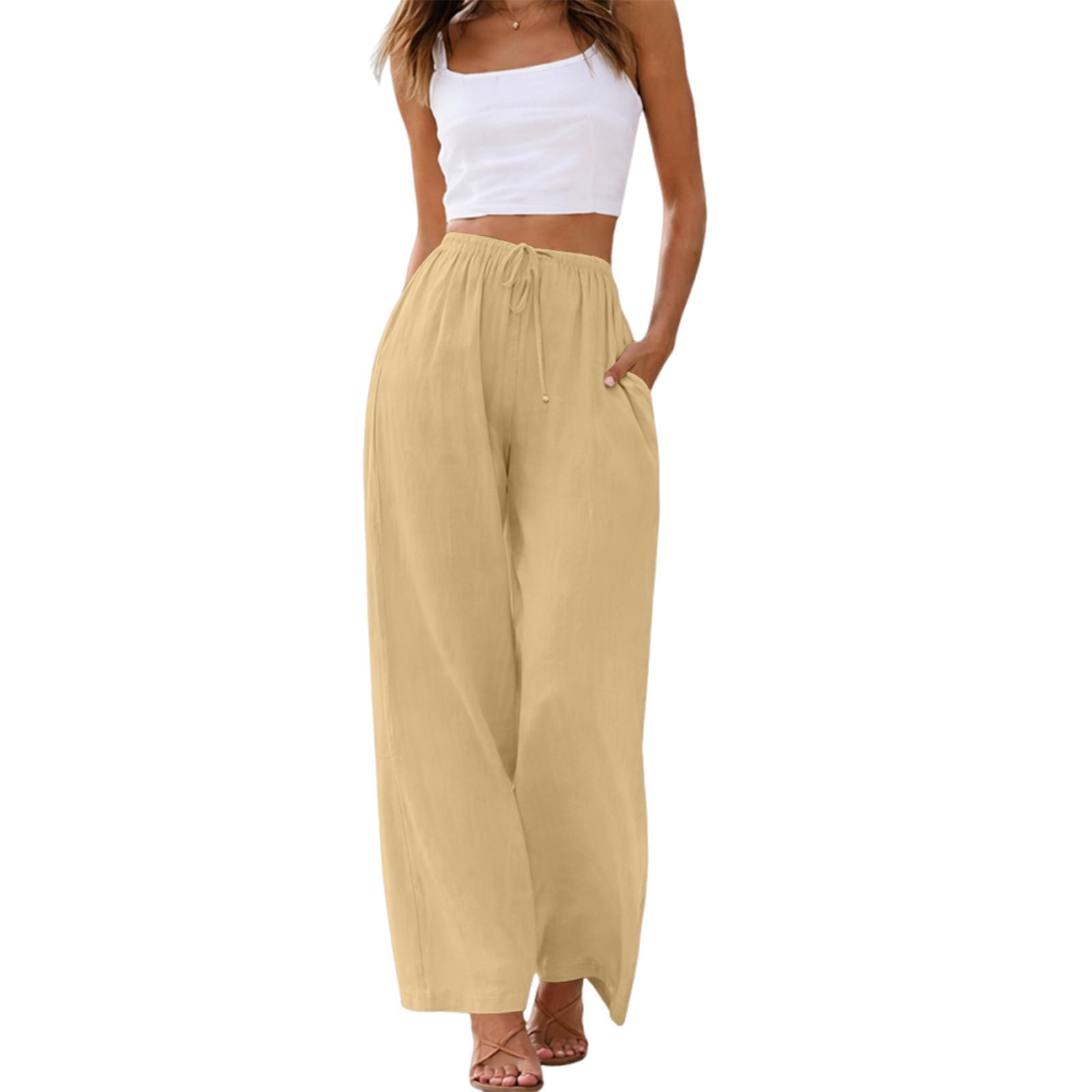 

High Waist Wide Leg Casual Pants for Women Loose Fit Drawstring Waistband Lightweight Trousers with Pockets for Daily Wear XL жовтий