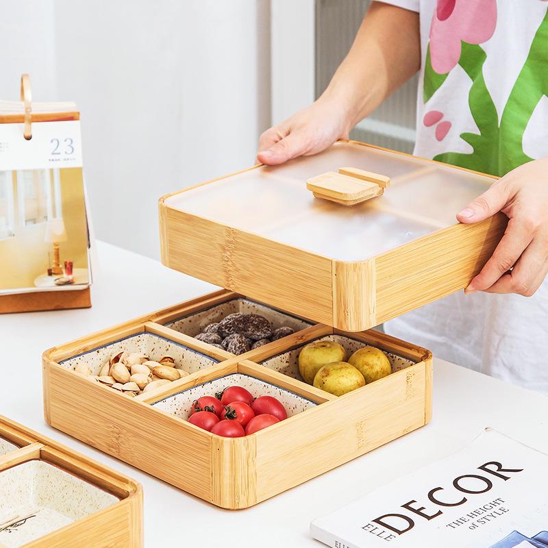 Japanese Bamboo & Wood Snack Box - 4-Compartment Plate for Pastries, Nuts, Seeds, & Dried Fruit