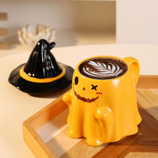 Ghost Pattern Ceramic Cup with Elf Hat Lid Halloween Theme Handmade Artwork Mug Daily Use Halloween Drinkware