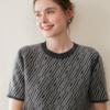 Women's Round Neck Herringbone Cashmere Sweater - Color Block, Short Sleeve, Loose Fit, Elegant Autumn/Winter Style.