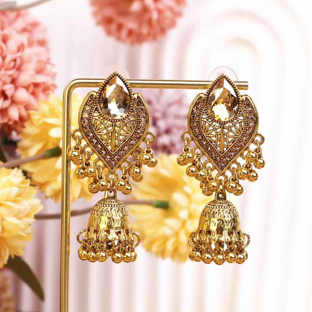 Retro Diamond-Encrusted Bells, Water Drop Ear Hooks, Light Luxury Bohemian Style Fashion Temperament Earrings