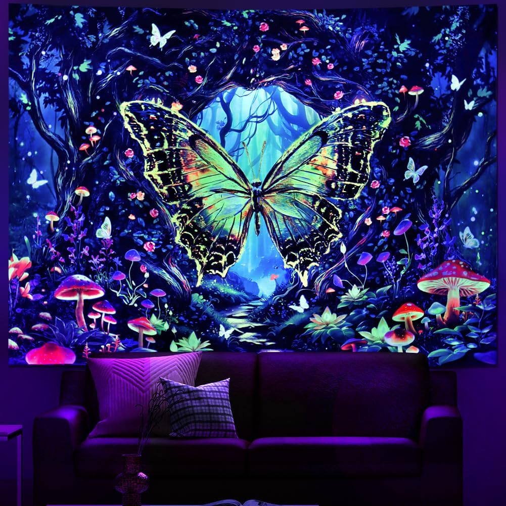 Galoker Blacklight Butterfly Tapestry Fantasy Forest Tree Tapestry UV Reactive Plant Floral Wall Tapestries Neon Tree of Life Tapestries Wall Hanging