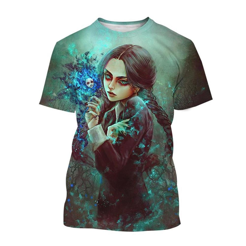 Wednesday Merlina Character Graphic 3D Print Casual Short Sleeved Women's T-shirts - Soft Medium Stretch Polyester Fabric Summer Relaxed Fit Clothing