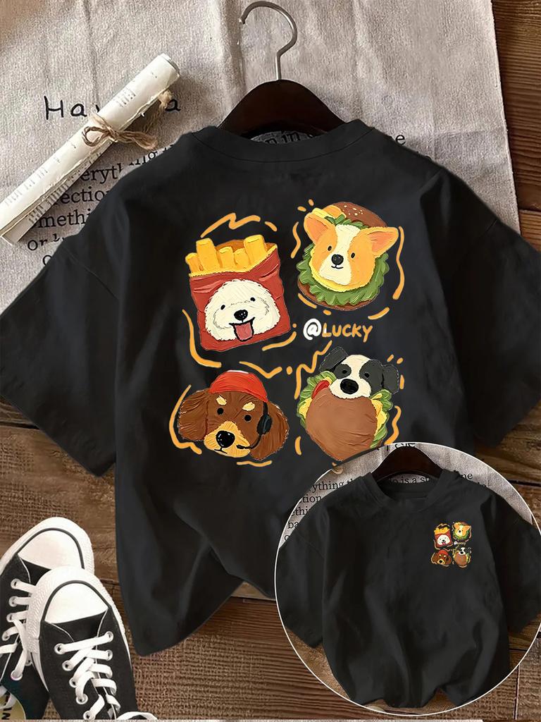 Cartoon Dog Food Printed Tshirt for Unisex Summer Short Sleeves Loose Casual Cute Pet Pattern Top Trendy Versatile Round Neck