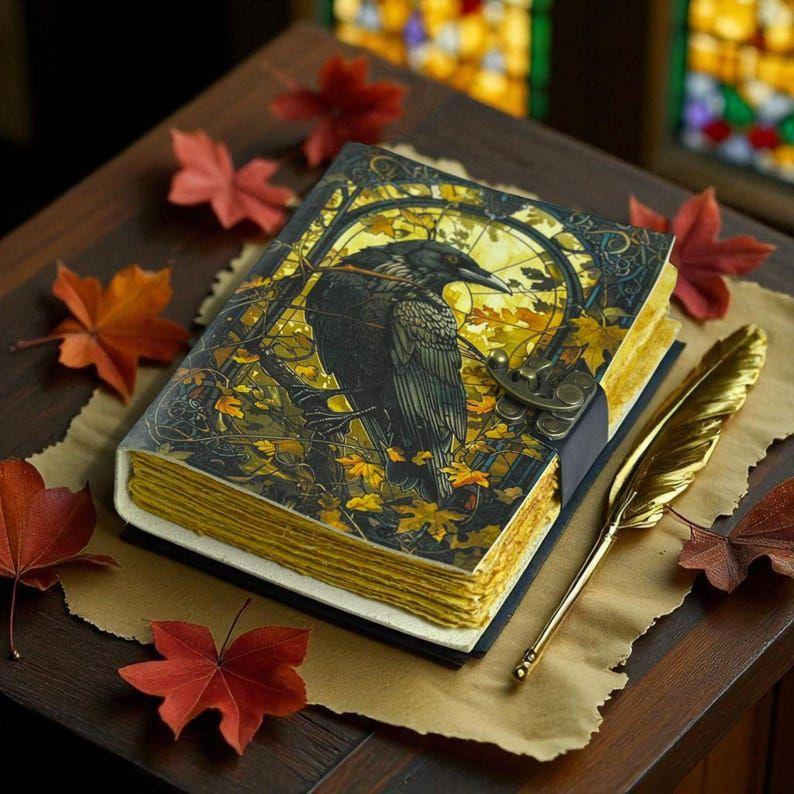 Läderanteckningsbok Gotisk Anteckningsbok The Raven Grimoire Tryck - Vintage Handgjord Skuggornas Bok Häxkonst Anteckningsbok Gåvor för Män