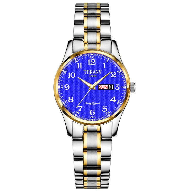 Stilvolle Damen-Uhr mit Dualkalender, Leuchtzeigern, wasserdicht, mit chinesischer und englischer Anzeige blue