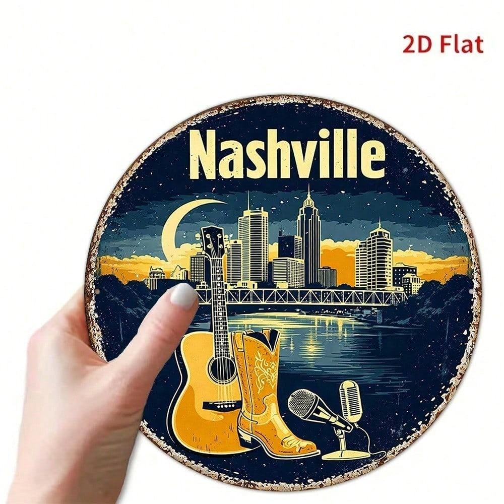 1pc Vintage Nashville Music City Wall Sign, Retro Country Music Decor Plaque With Guitar & Cowboy Boots, 2D Flat Metal Art