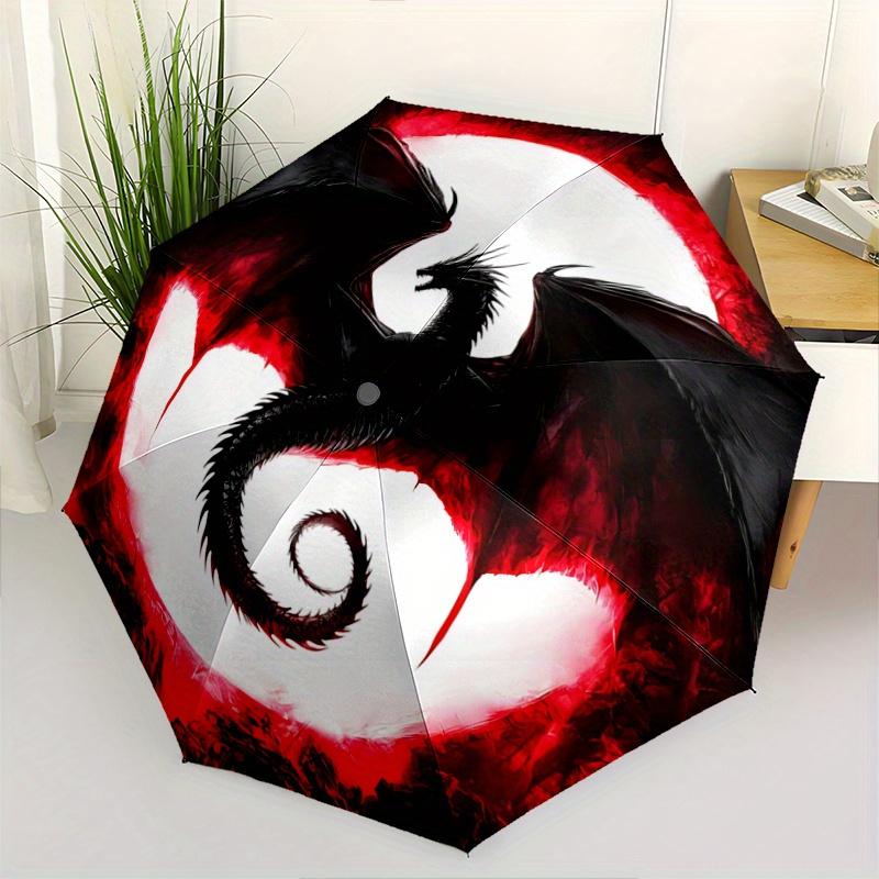 1pc Black Dragon in Front of a Red Moon Automatic Opening/Closing Umbrella with Convenient Three-Fold Design, 8-Bone Iron Frame - Outdoor Umbrell