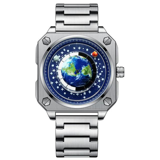 Concept Wandering Earth Pattern Watch Herren-Armbanduhr, quadratisch, blauer Planet, drehbar, Edelstahl, wasserdicht, Quarzuhrwerk