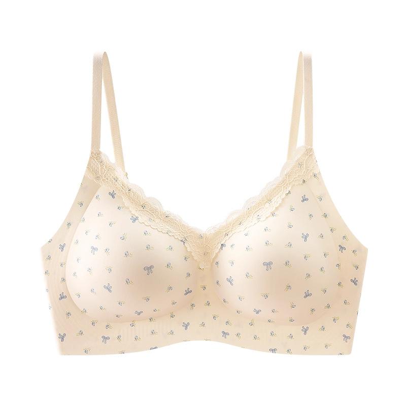 Hot Milk Skin Floral, Seamless Underwear, Women's Small Breasts Gather and Show a Round Shape, No Steel Ring, Upper Support, Jelly Strip