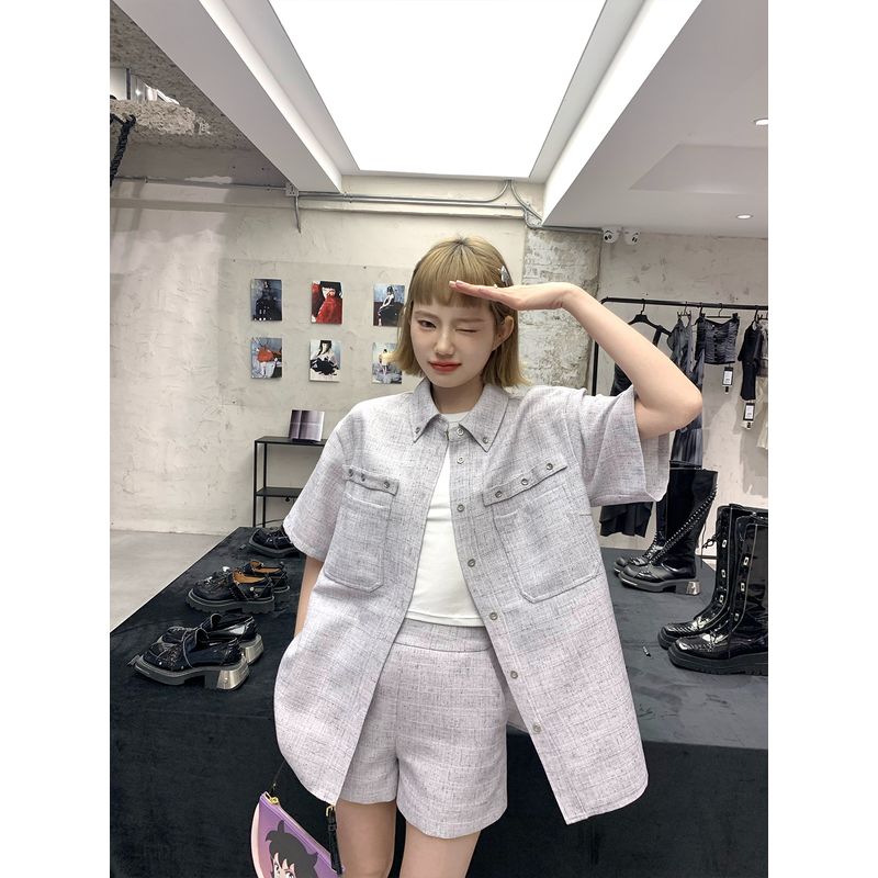 

District Ouyang Classic Style Short Sleeve Jacket Straight Shorts Suit Women s Summer Thin Stylish Niche Style Two-piece Set Moon See Purple Suit shorts XS