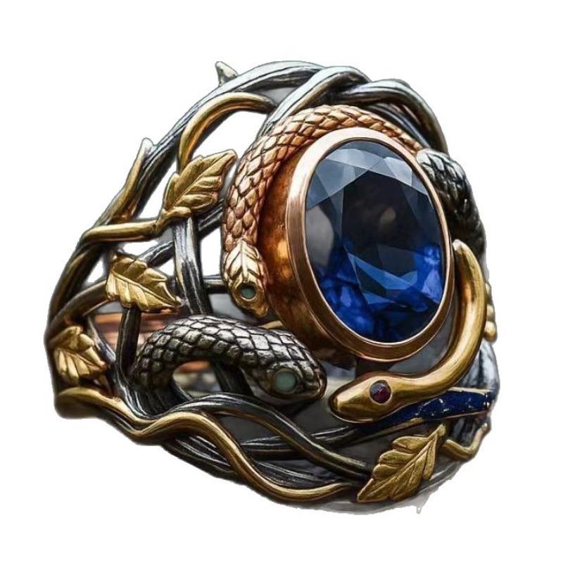 Vintage Zweifarben Gold Schlangenring mit blauem Saphir, Antiker verdrehter Weinlaub Design Ring, Einzigartiger Statement Schmuck für Männer