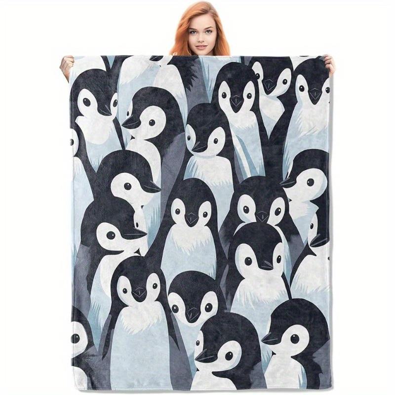 Cozy Penguin Party Flannel Throw Blanket  Soft Plush All-Season Bedspread with Cute Penguins Black White Grey - Large 130x150cm51x59in