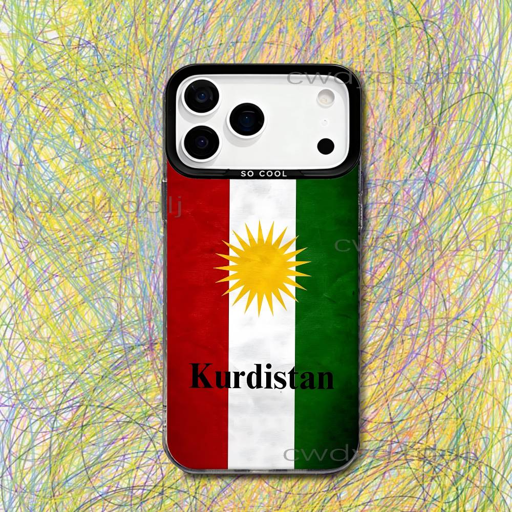 

K-Kurdistan Flag Map Logo Phone Case For iPhone 17,16,15,14,13,12,X,8,Pro,Max,Plus,SE4,Air,Mini HD Black IMD Matte iPhone15plus