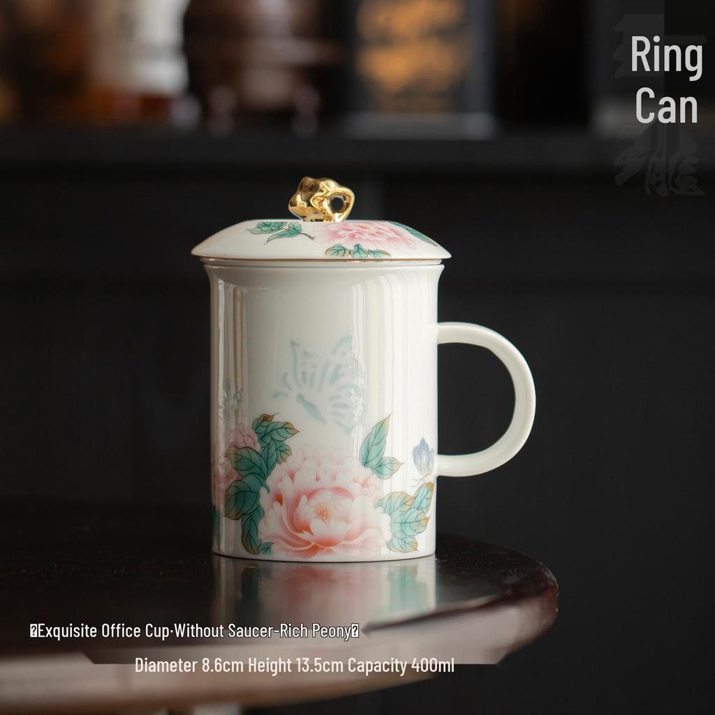 Exquisite Mutton Fat Jade Office Tea Cup Set with Lid & Filter