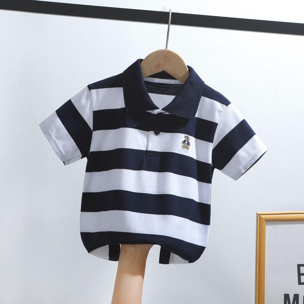 Kids' Korean Striped Cotton Polo Shirt: Short-Sleeved T-Shirt for Boys, Sizes 0-16, Summer Children's Clothing