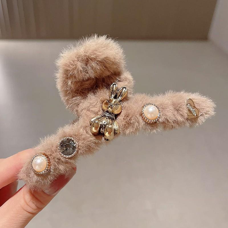 2025 New Year Red Plush Pearl Claw Clip - Stylish Women's Shark Hairpin Accessory for Buns and Hair Styling